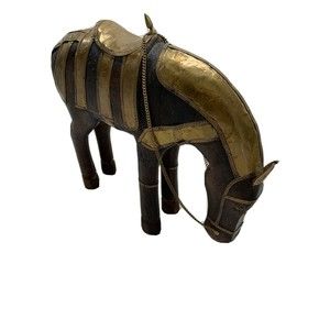 Armored Horse Carved Wooden And Brass. Vintage Carvings Decor